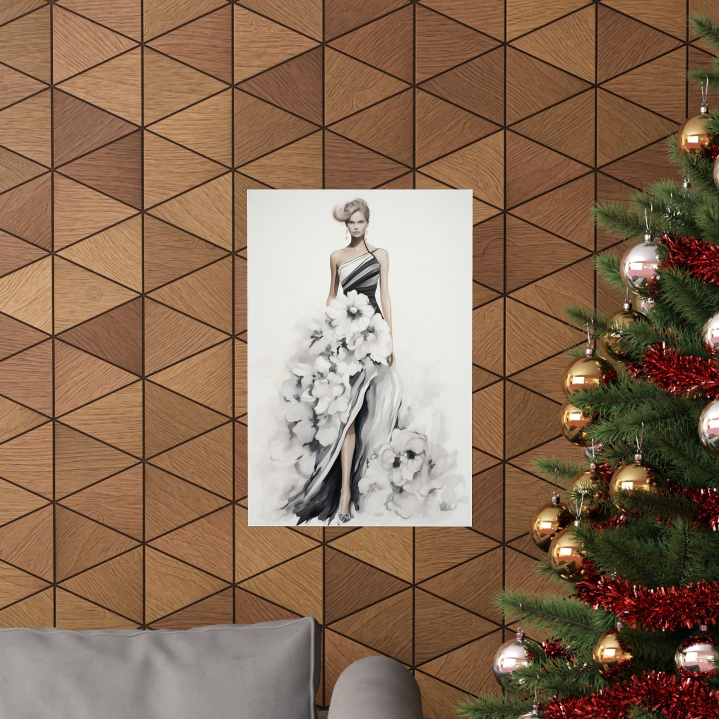 A christmas tree with a black and white photo hanging on it