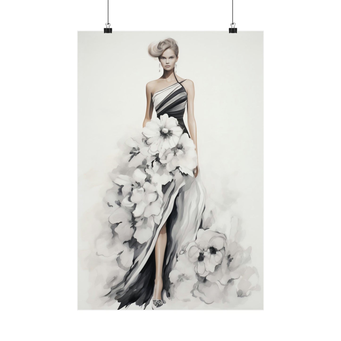 A black and white dress with flowers on it