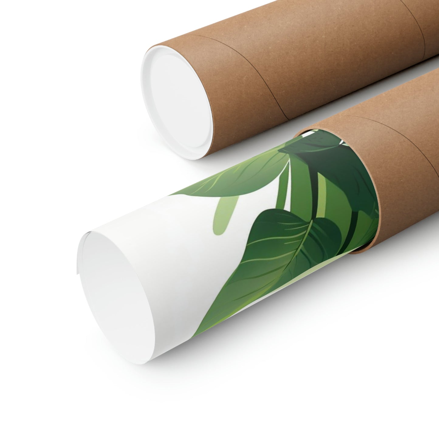 Two rolls of brown paper with green leaves on them