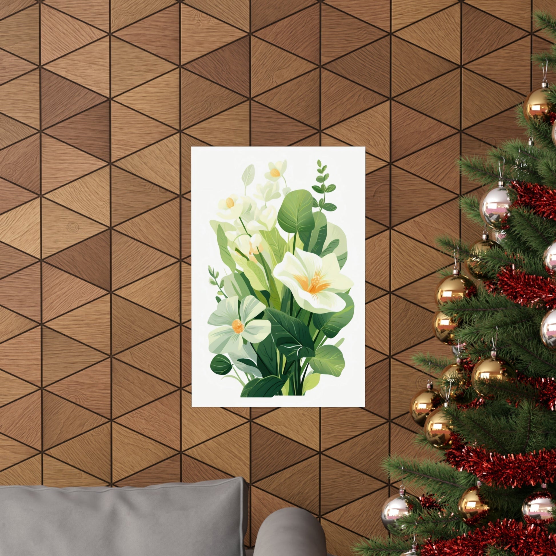 A christmas tree with a white flower on it