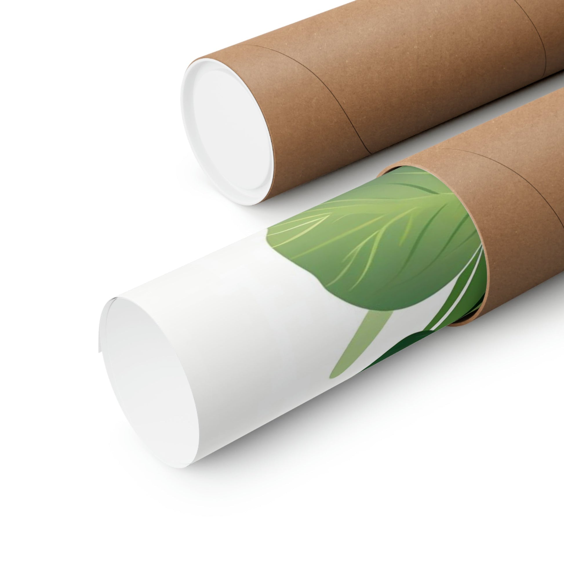 Two rolls of brown paper with green leaves on them