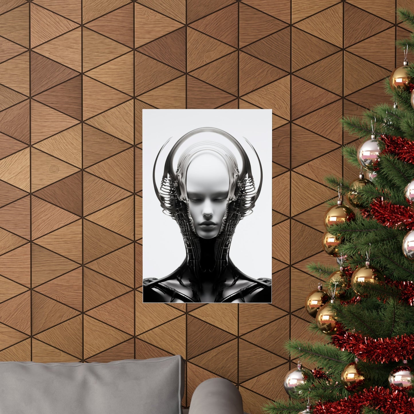 Surreal black and white portrait of a humanoid figure with mechanical or alien-like features.