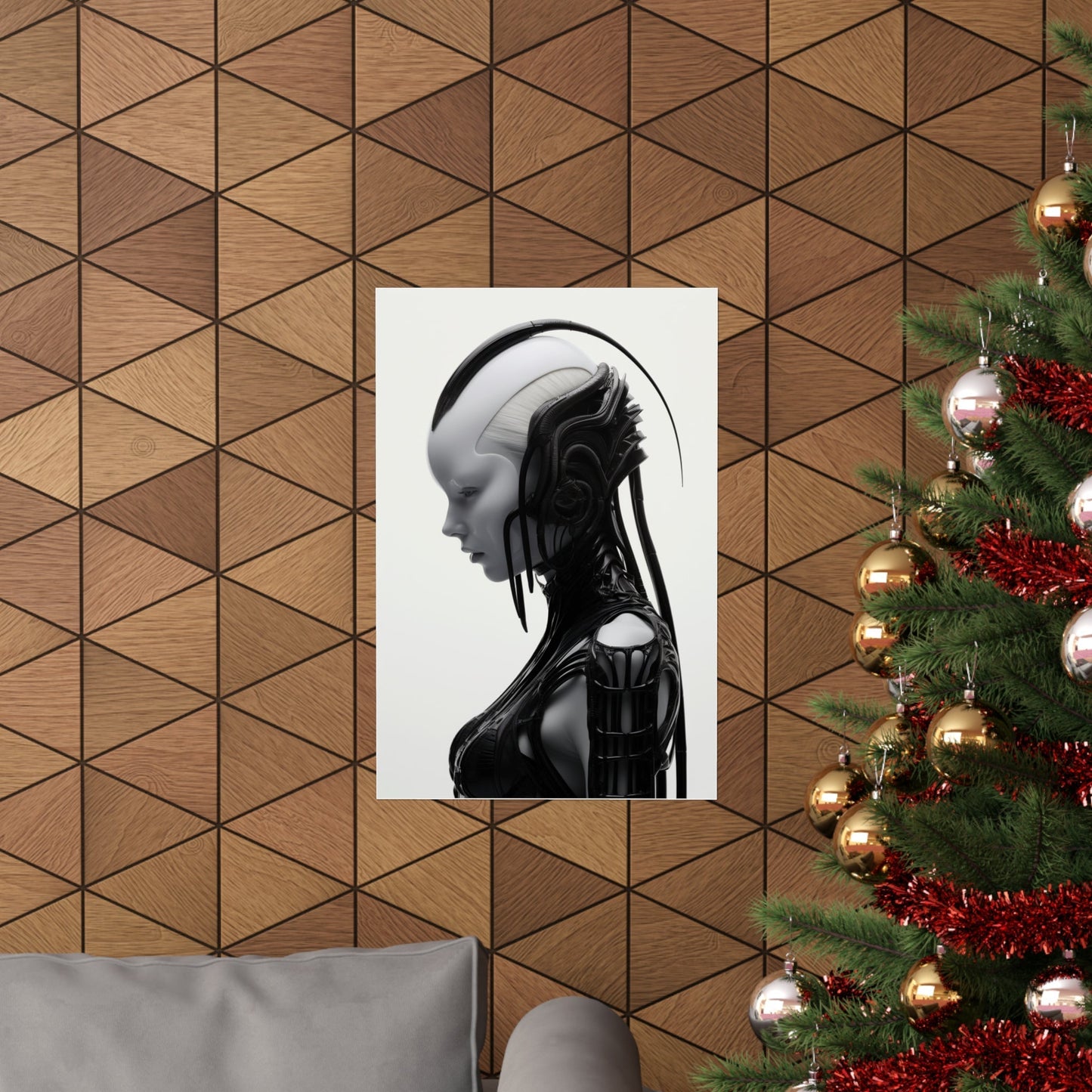 Futuristic black and white portrait of a humanoid figure with a sleek, robotic appearance.