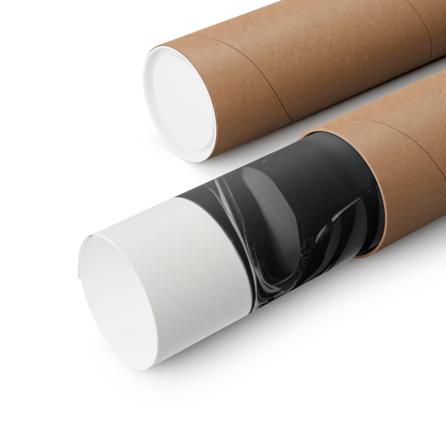 Cylindrical cardboard tubes or mailing tubes, one partially wrapped in black tape.
