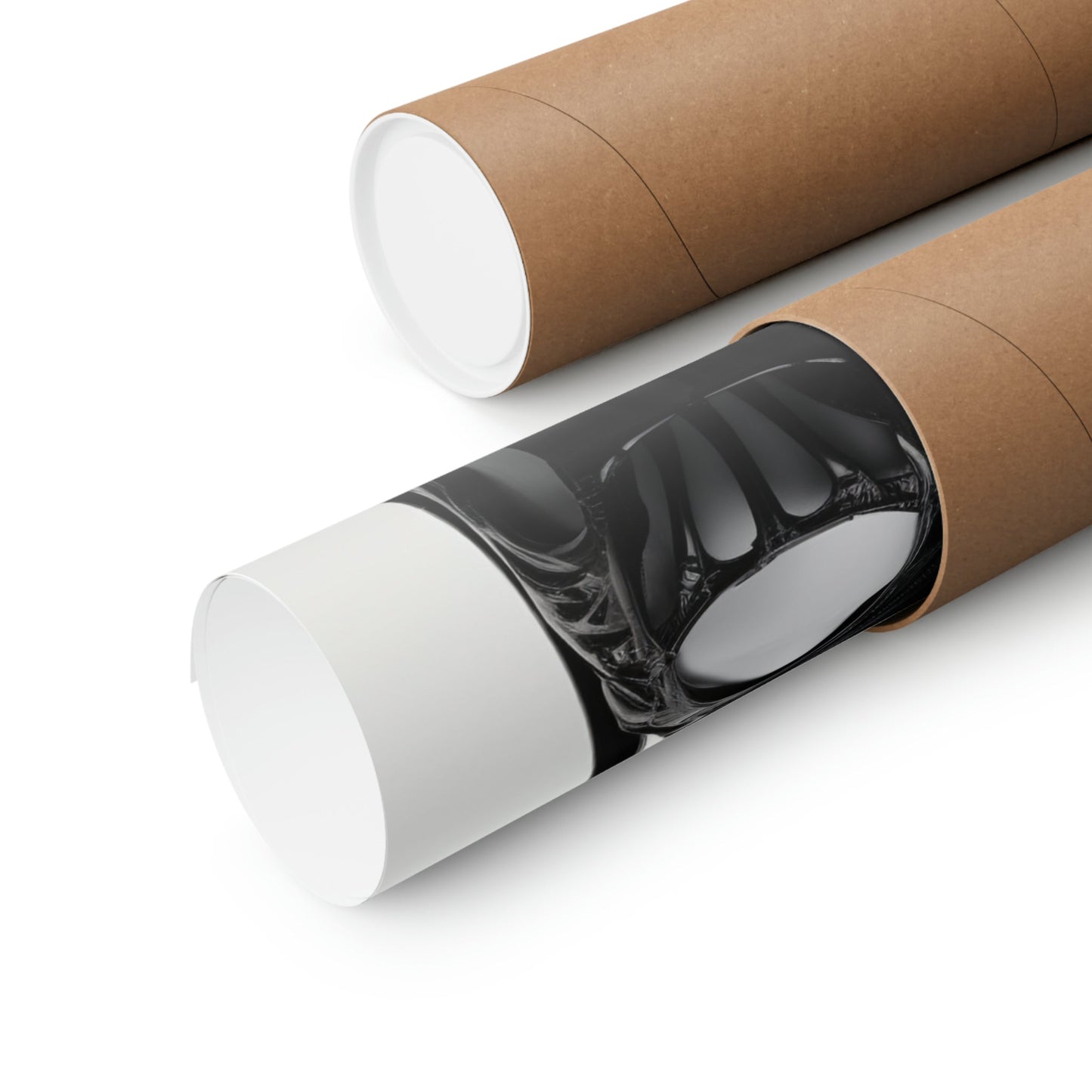 Cardboard mailing tubes with one partially opened to reveal its white interior.
