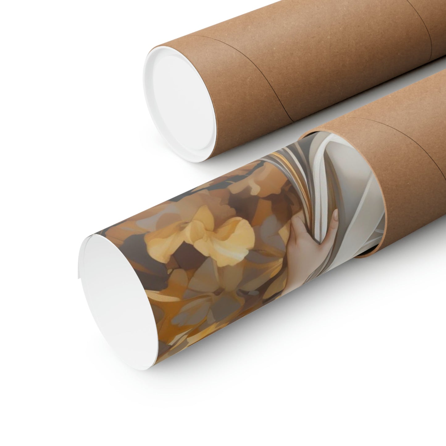 Two rolls of brown paper with brown and white paper