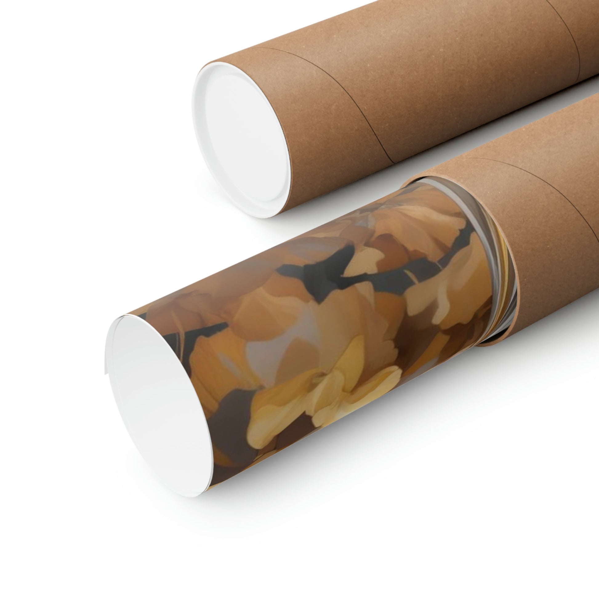 Two rolls of brown paper with brown and white foil
