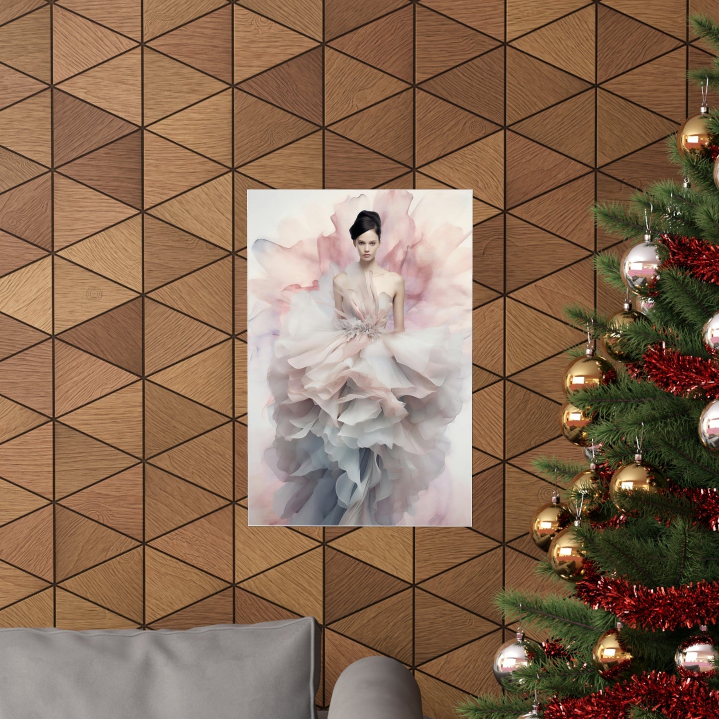 Artistic portrait of a figure in a flowing, ethereal dress with pink and blue tones.