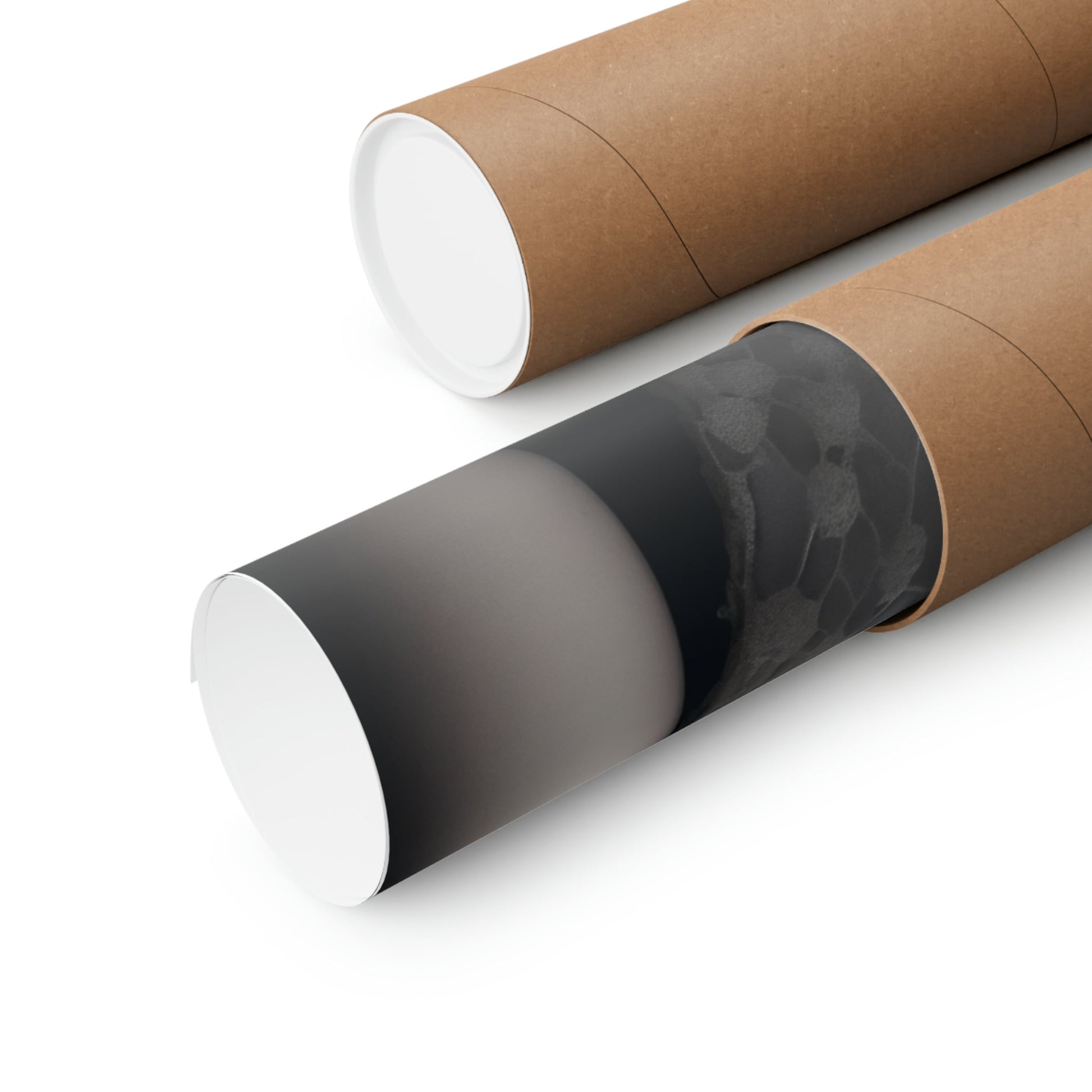 Two rolls of brown paper with black and white paper