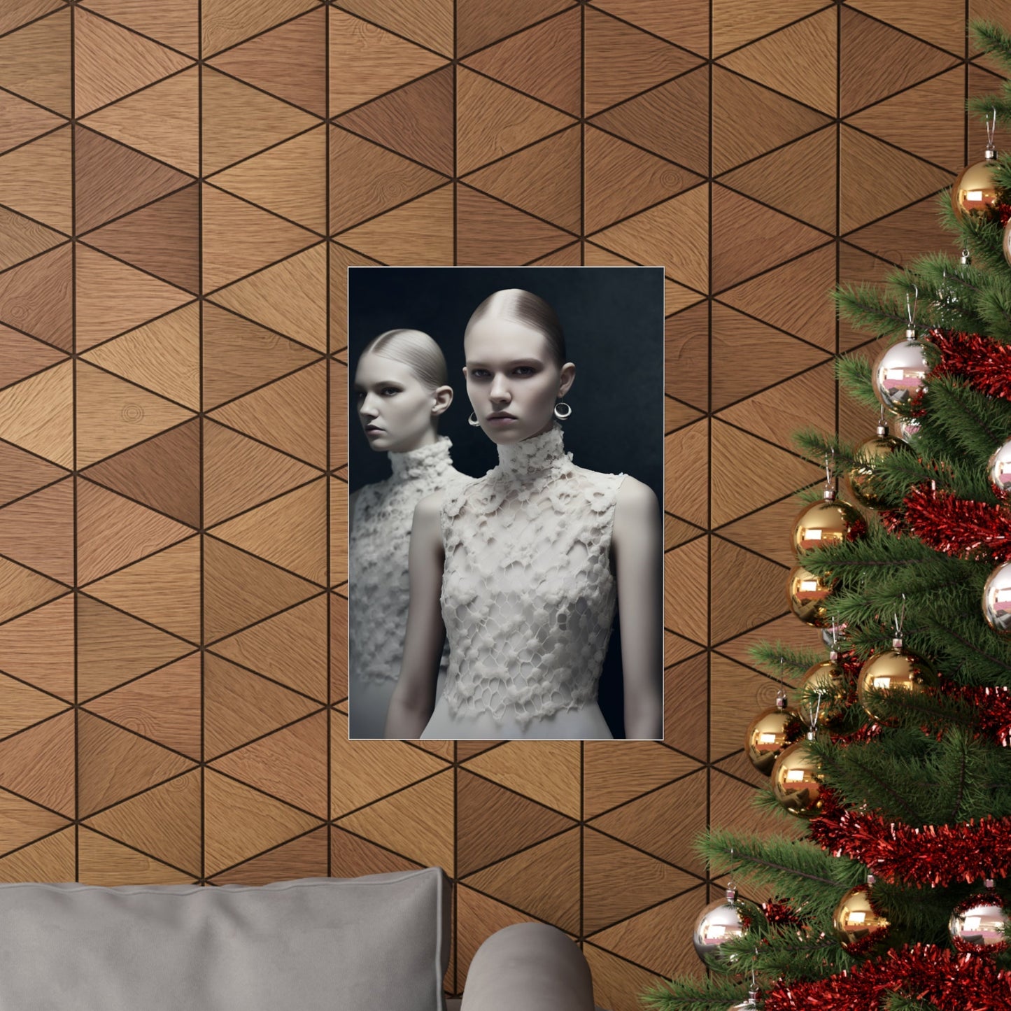 A christmas tree with a picture of two women