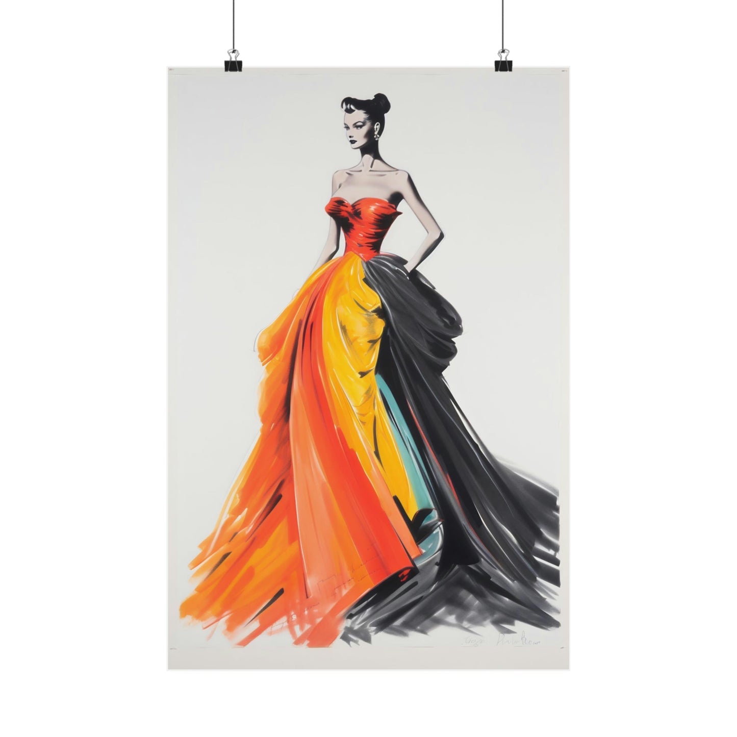 A poster with a woman in a colorful dress