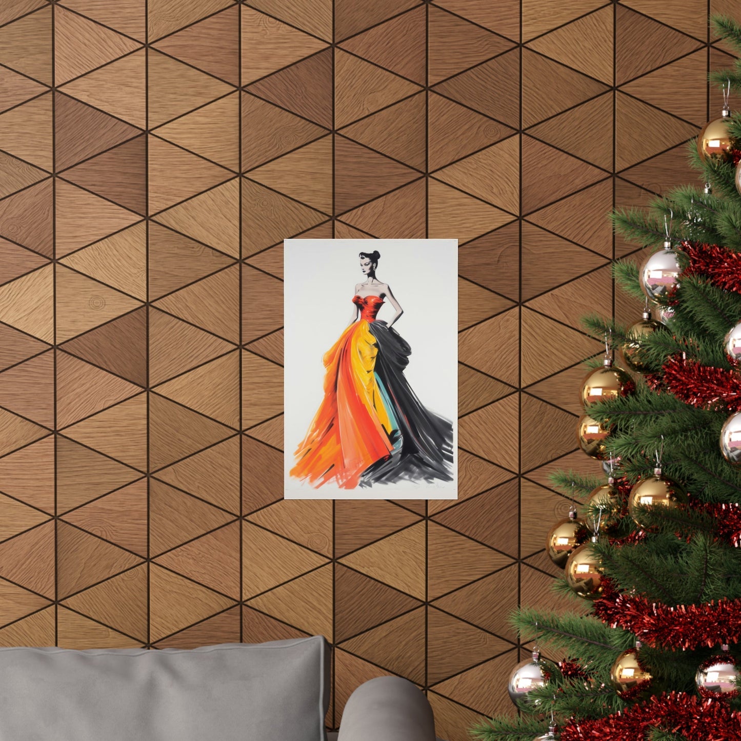 A christmas tree with a picture of a woman in a colorful dress