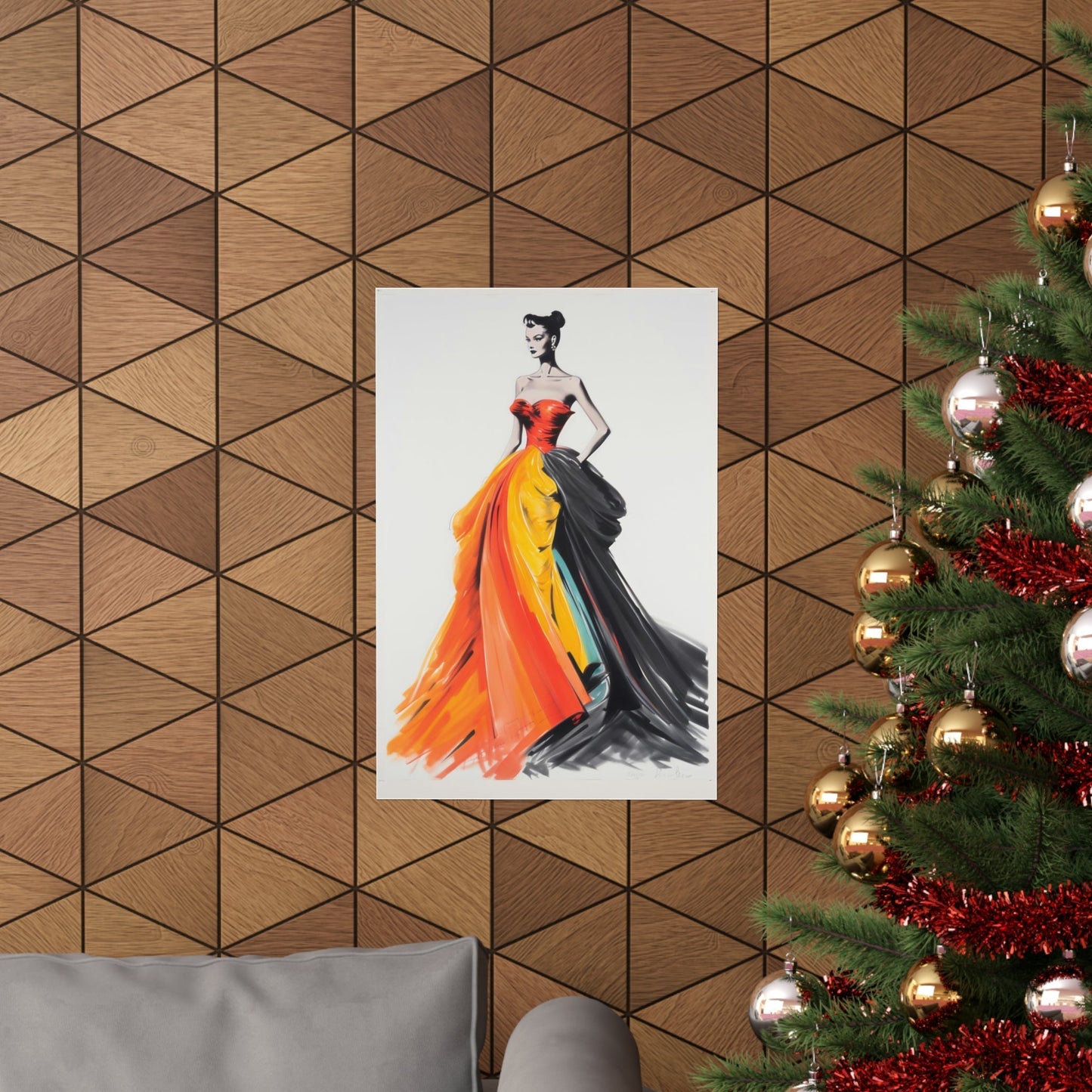 A christmas tree with a painting of a woman in a colorful dress
