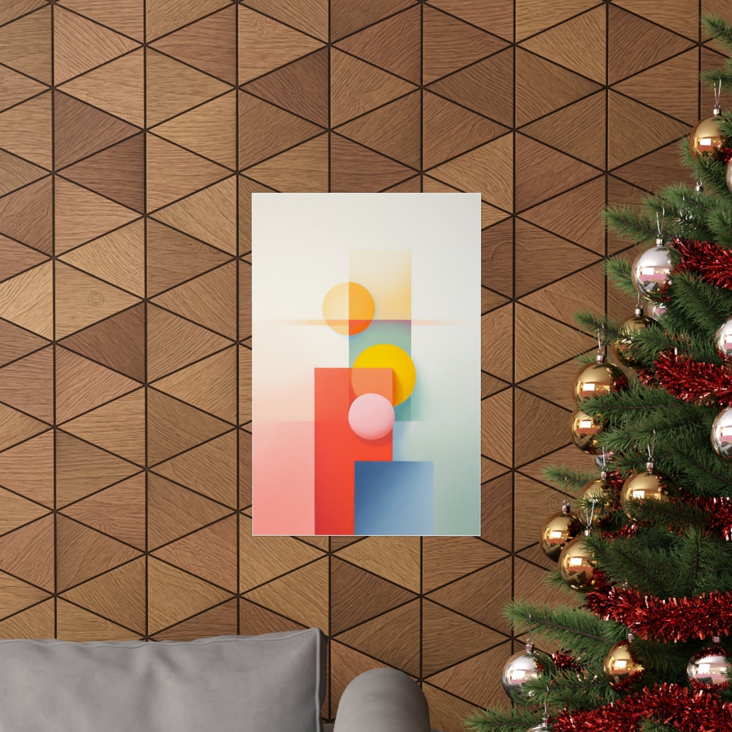 Abstract geometric artwork featuring colorful shapes and circles on a canvas.
