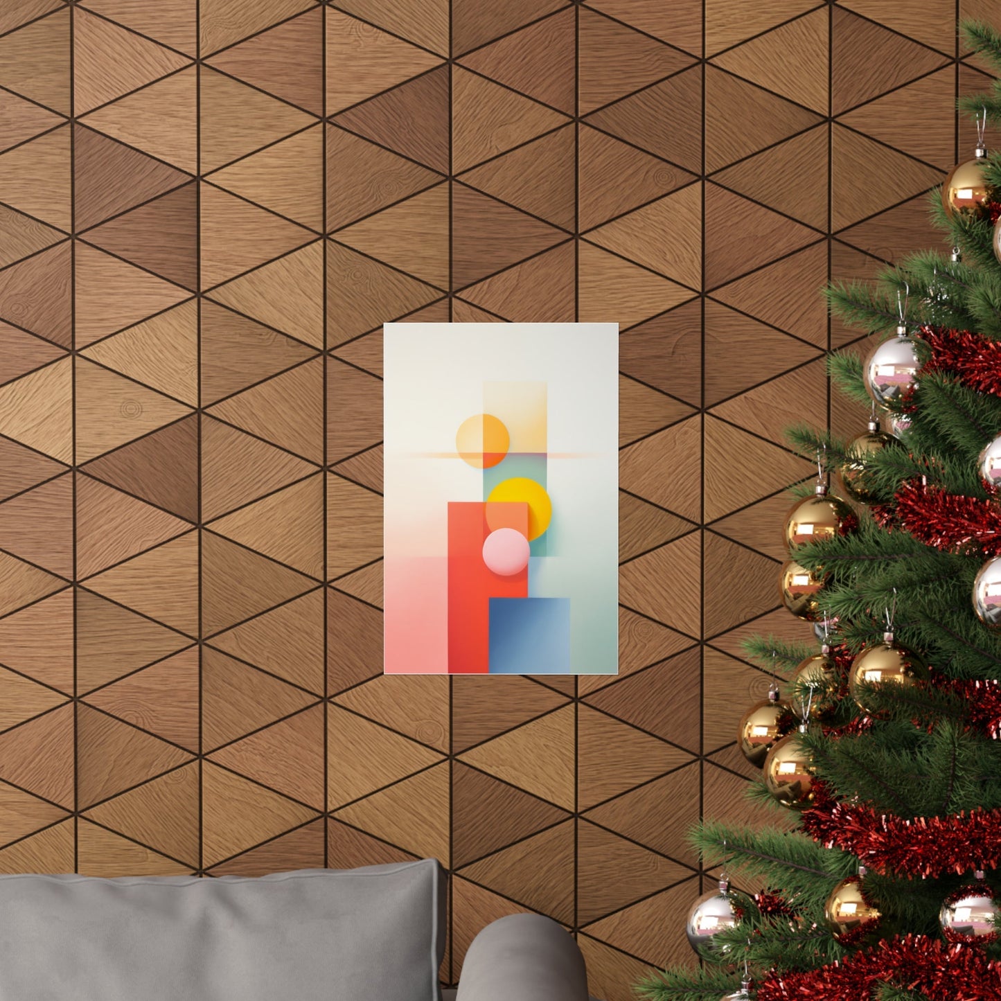 Abstract geometric artwork featuring overlapping circular and semicircular shapes in pastel colors.