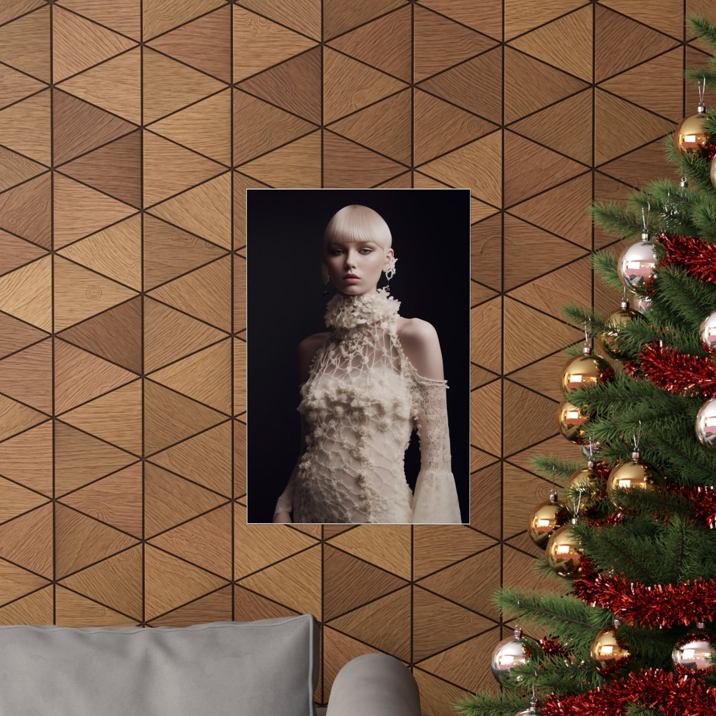 A christmas tree with a picture of a woman