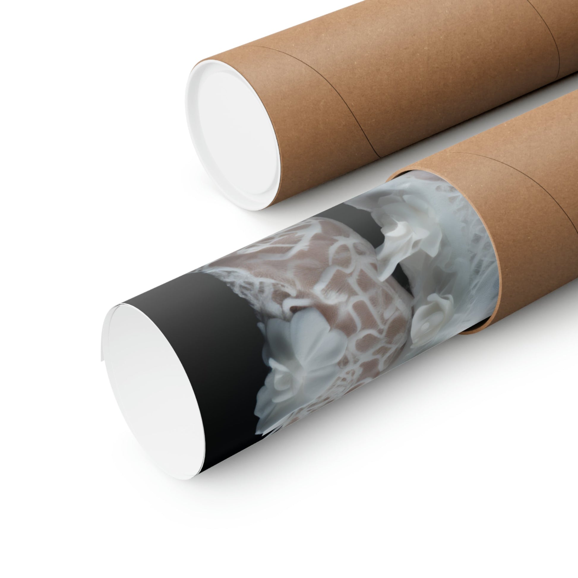 Two rolls of toilet paper with a black and white image