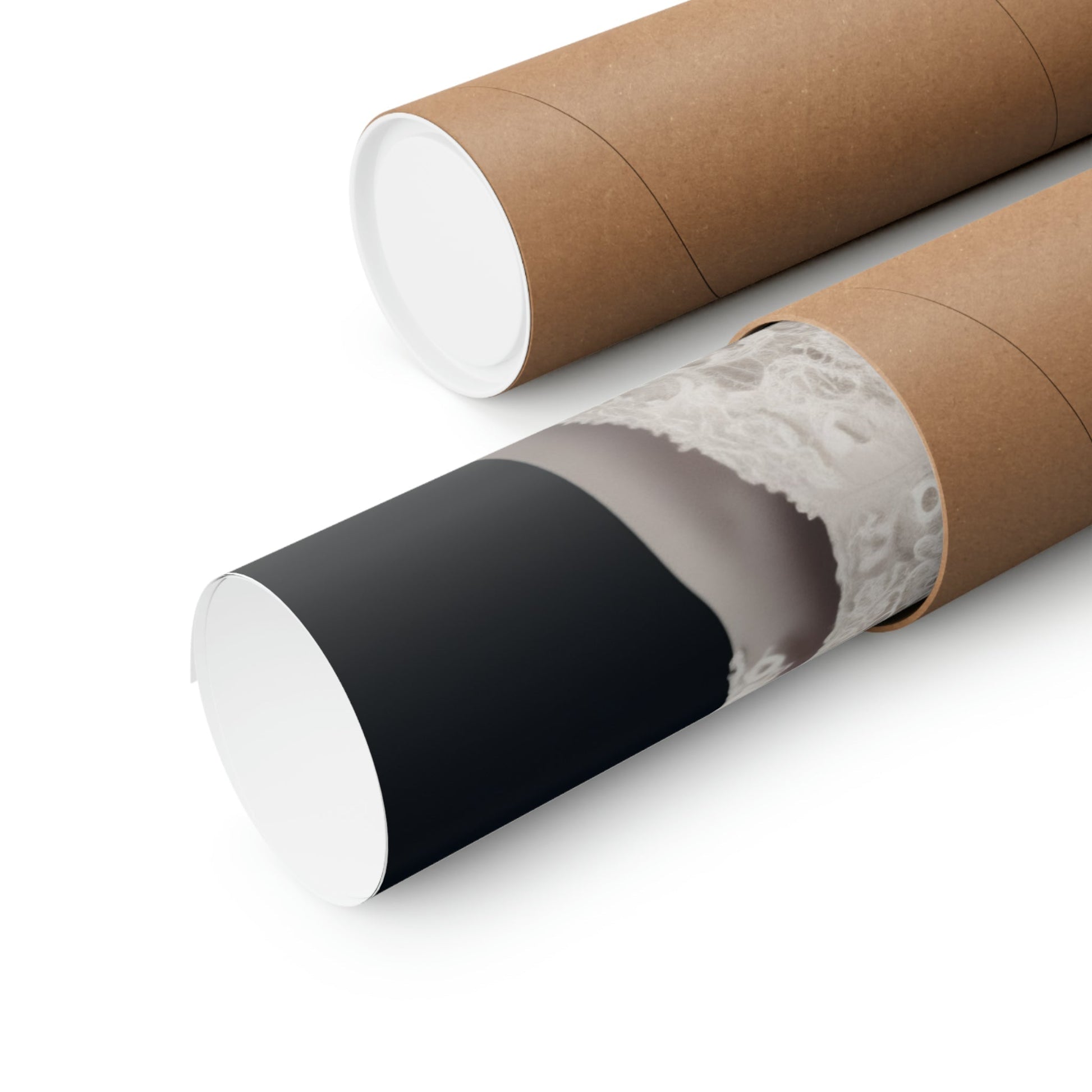 Two rolls of brown paper with black and white paper