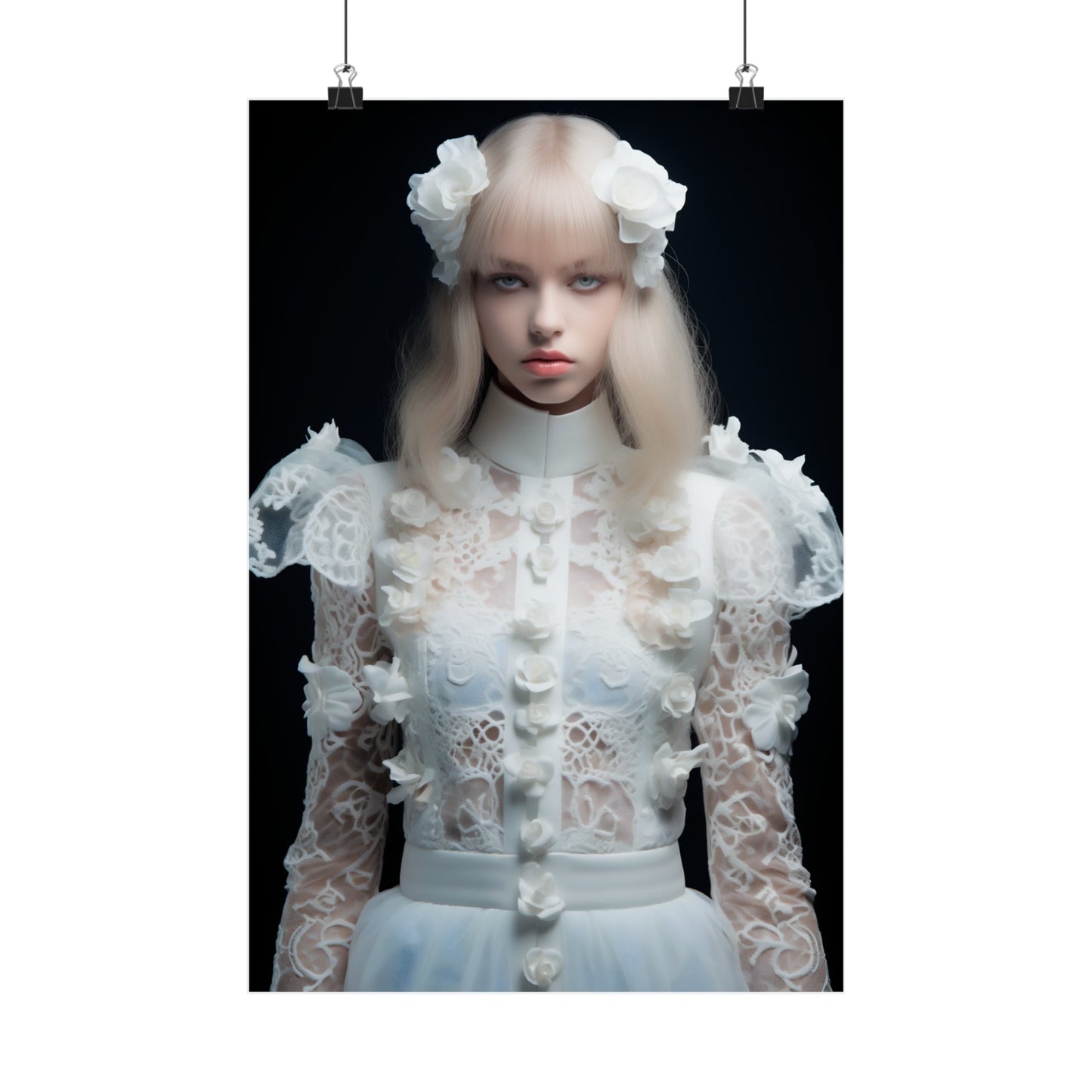 Young woman wearing an elaborate white lace dress with floral details and a pale complexion.