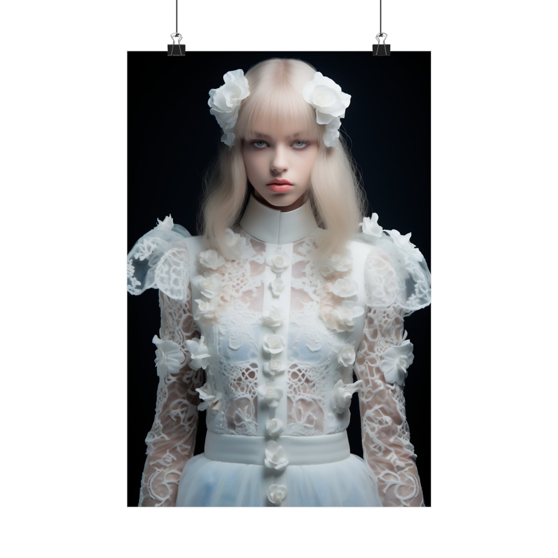 Young woman wearing an elaborate white lace dress with floral details and a pale complexion.