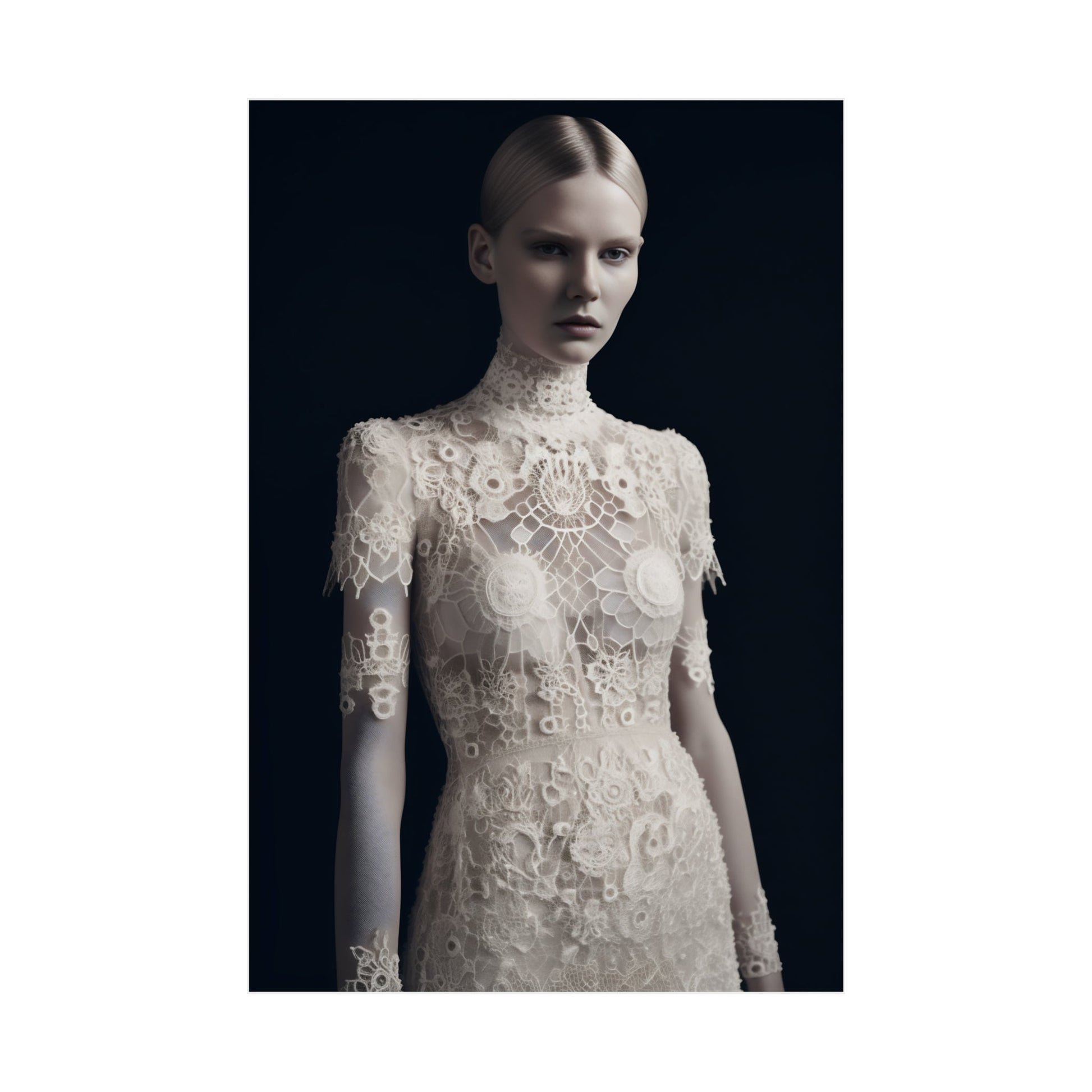 A woman in a white dress with flowers on it