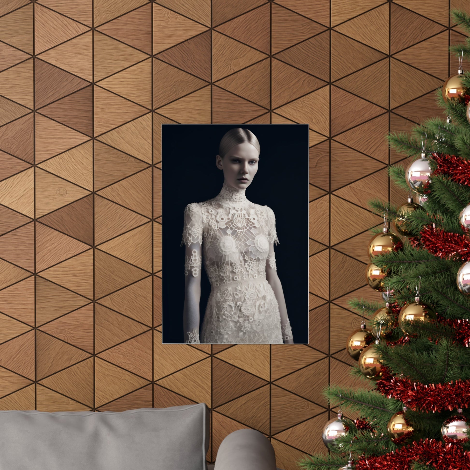 A christmas tree with a picture of a woman in a white dress