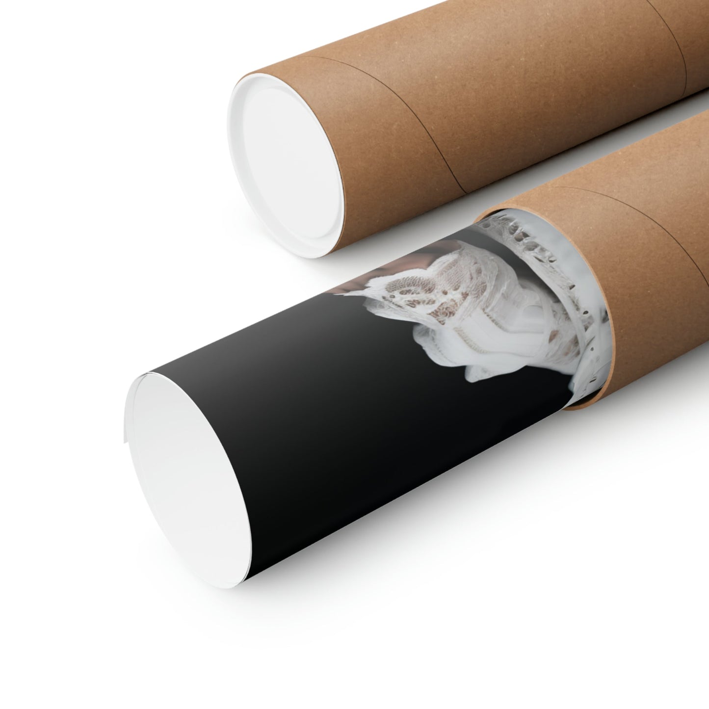 Two rolls of brown paper with a black and white photo