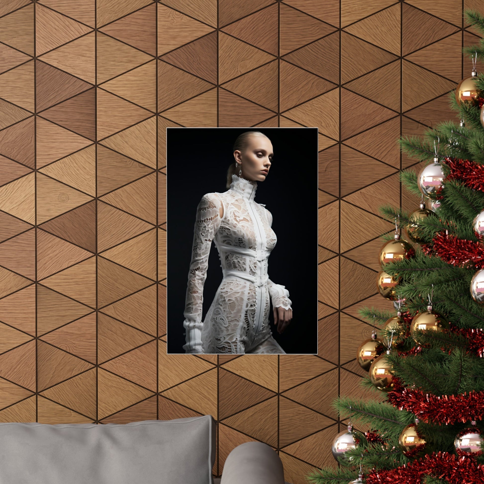 A christmas tree with a picture of a woman in a white dress