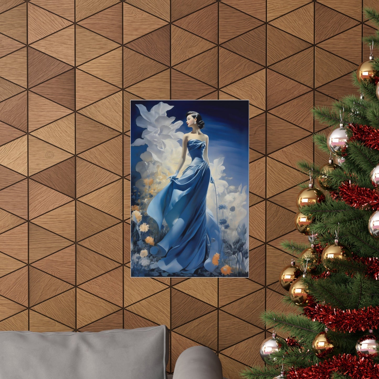 Painting of a woman in a flowing blue gown against a cloudy sky.