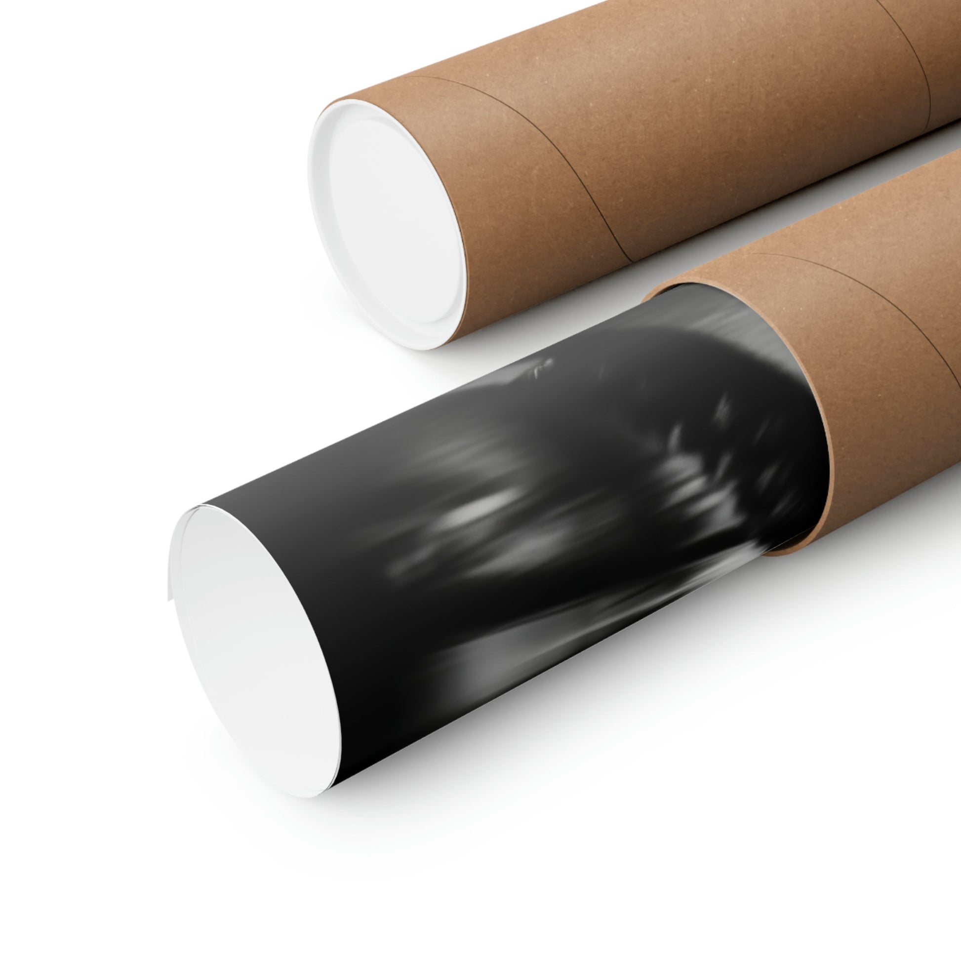 Two rolls of brown paper with black and white paper