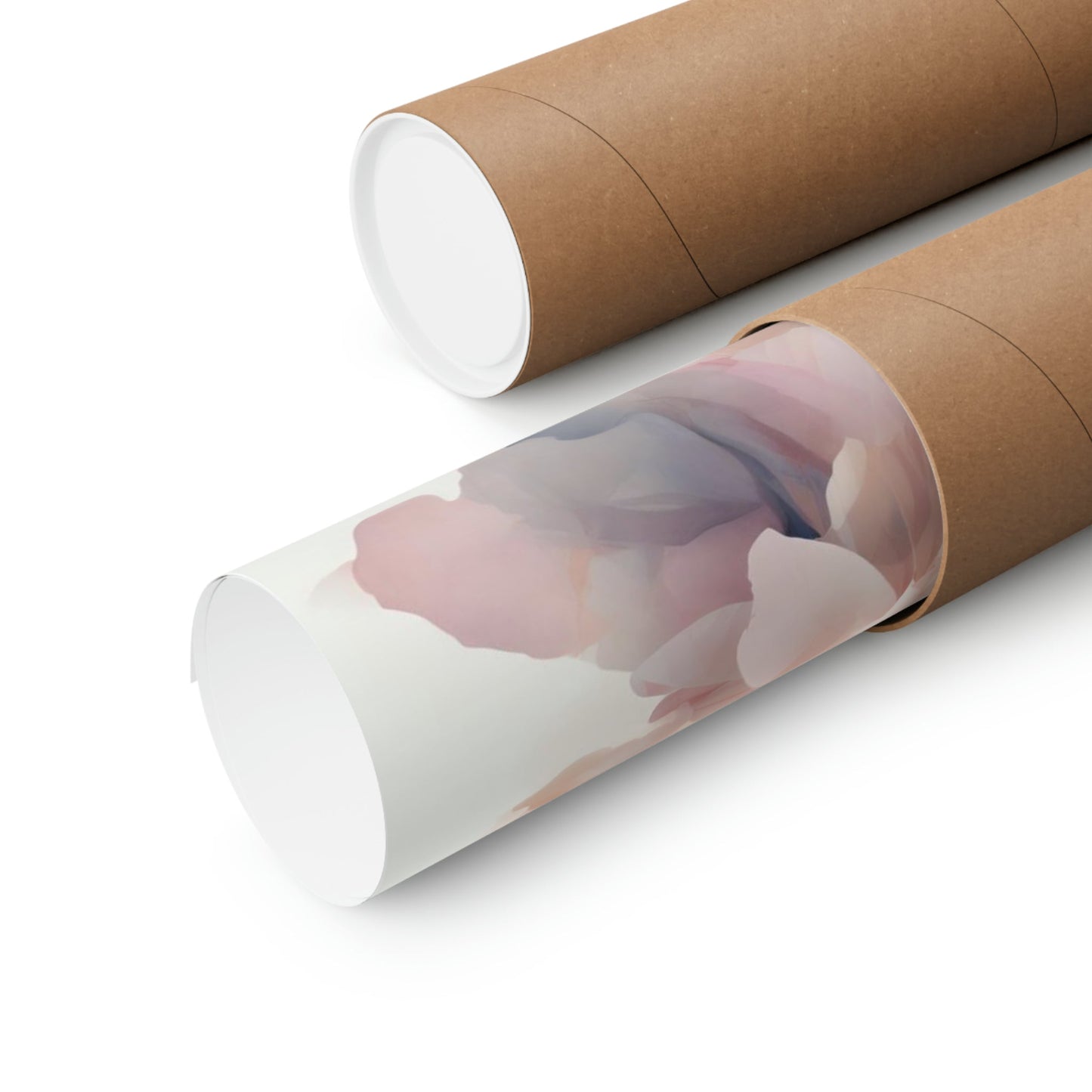 Cardboard mailing tubes, one containing a rolled-up poster or print.