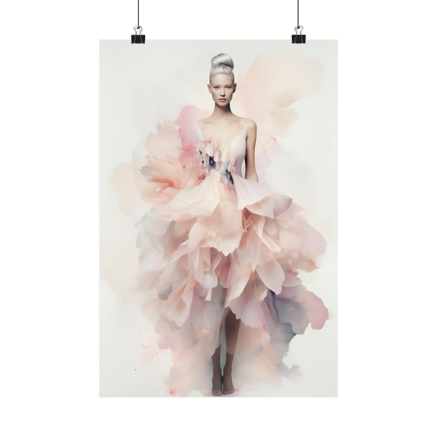 Fashion illustration of a model wearing a flowing, ethereal pink gown with a dramatic ruffled skirt.