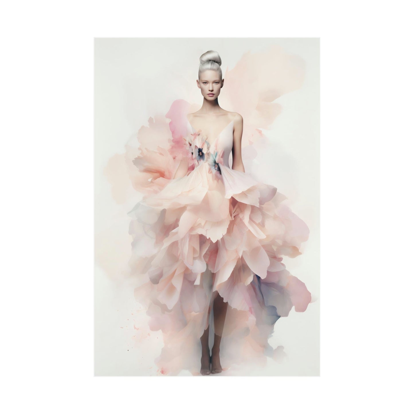 Elegant fashion illustration of a model wearing a flowing, ethereal pink gown.