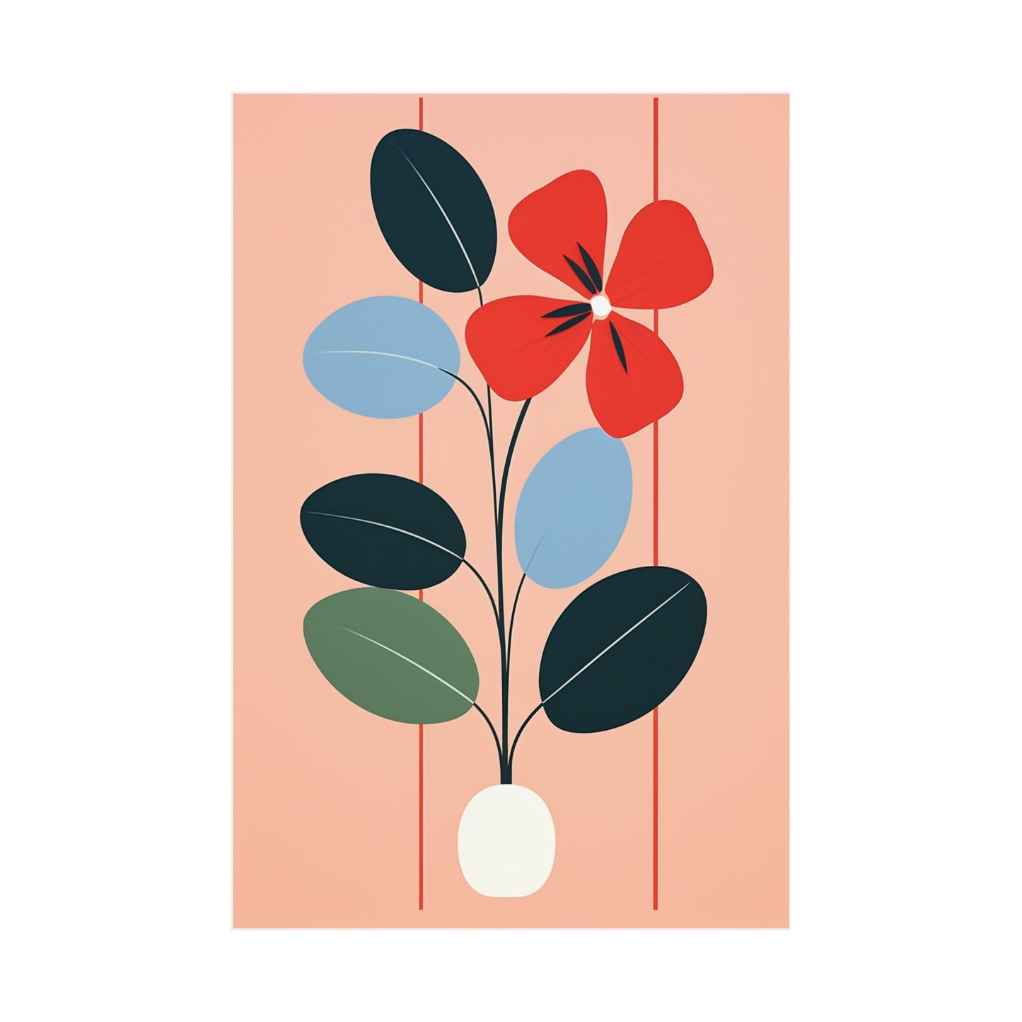 A red flower with green leaves on a pink background