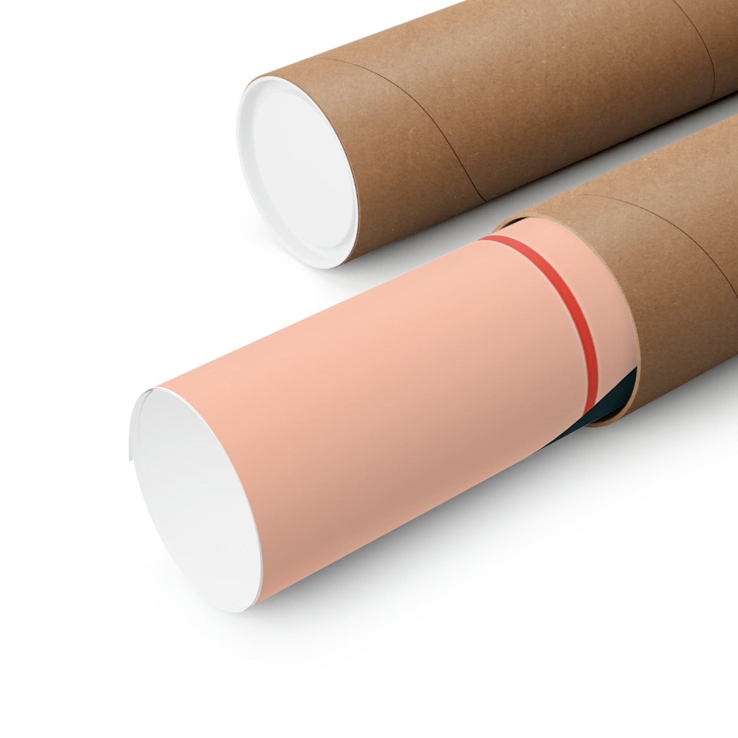 Two rolls of brown paper with a red stripe