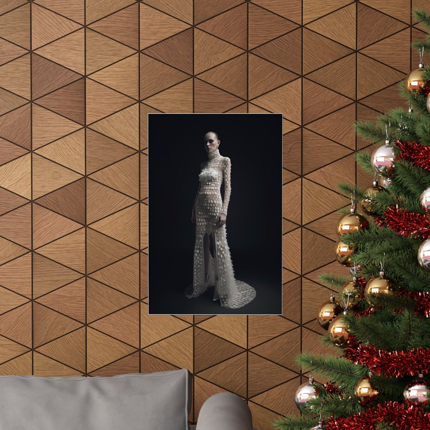 A christmas tree with a picture of a woman in a dress