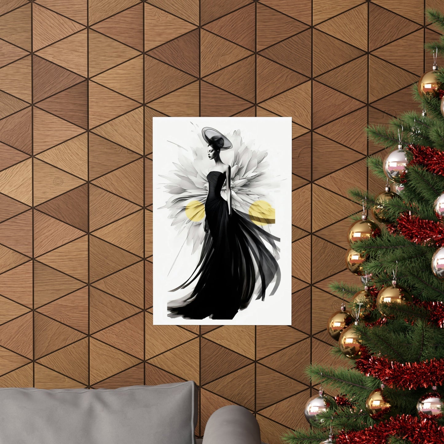 A christmas tree with a black and white angel on it