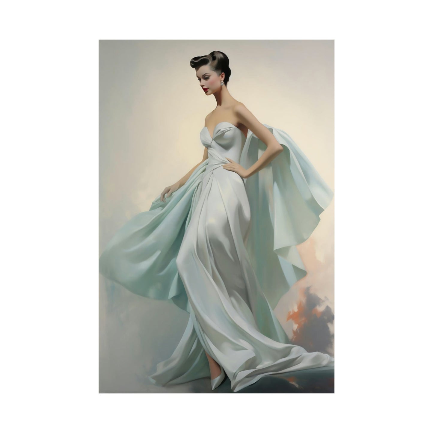 Elegant strapless gown with flowing pale blue fabric and cape-like draping.