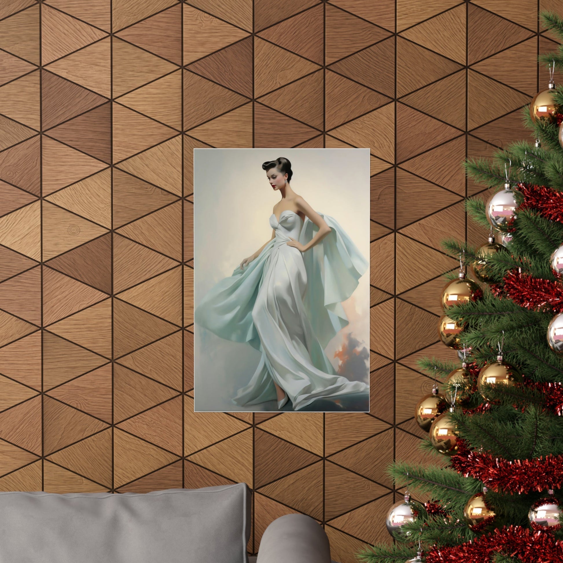 Elegant portrait of a woman in a flowing light blue gown.