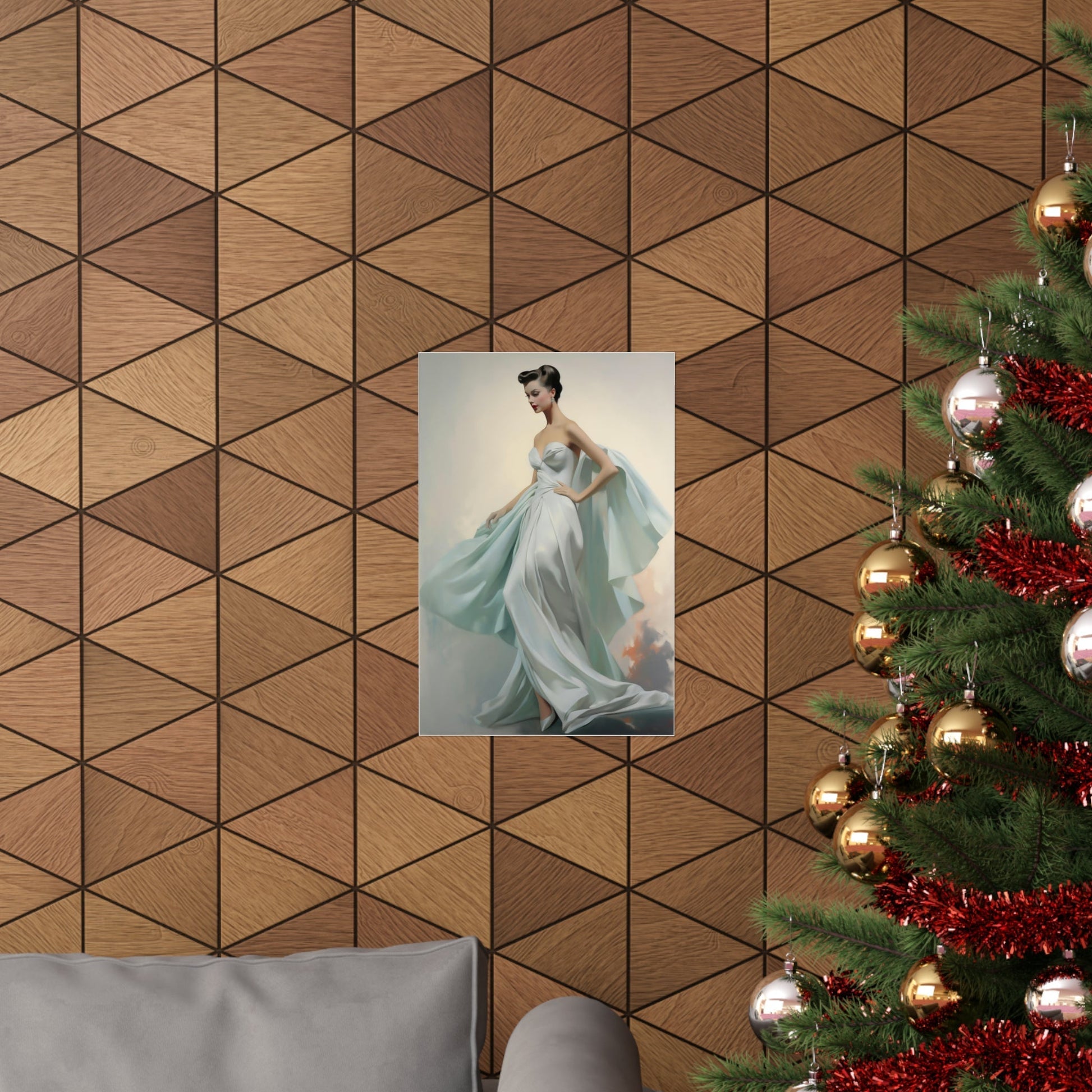 Elegant painting of a woman in a flowing light blue gown.