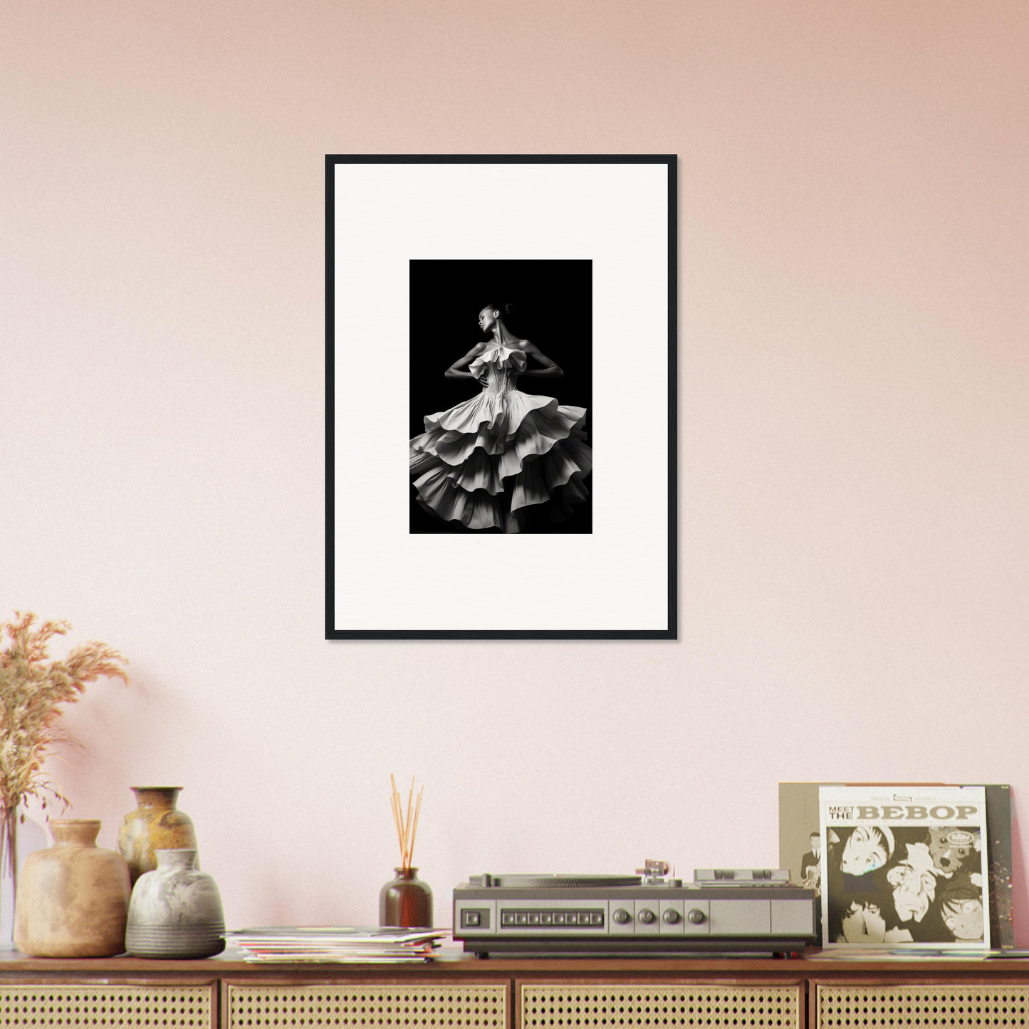 Framed black and white photograph of a flamenco dancer in motion.