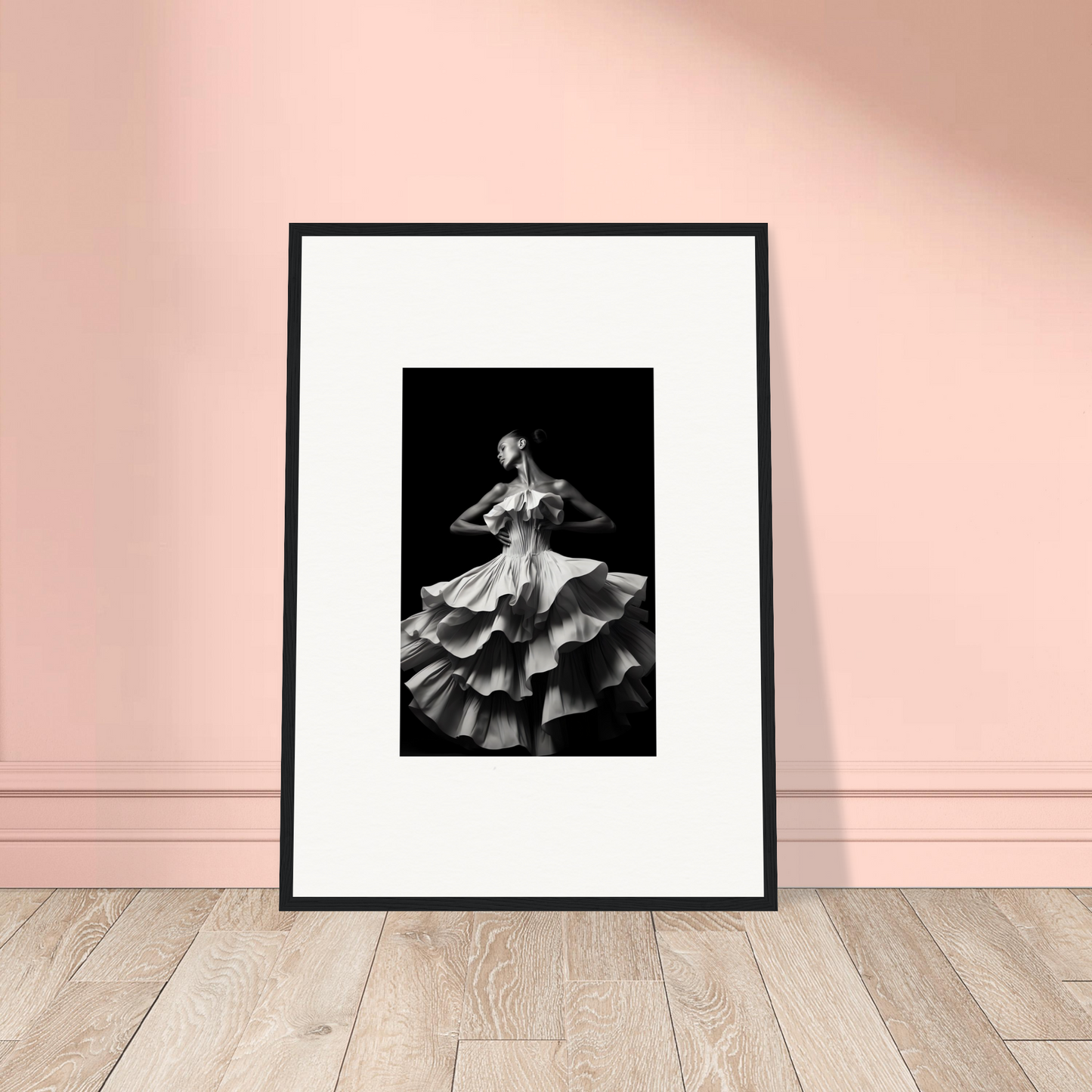 Framed black and white photograph of a flamenco dancer in a swirling dress.