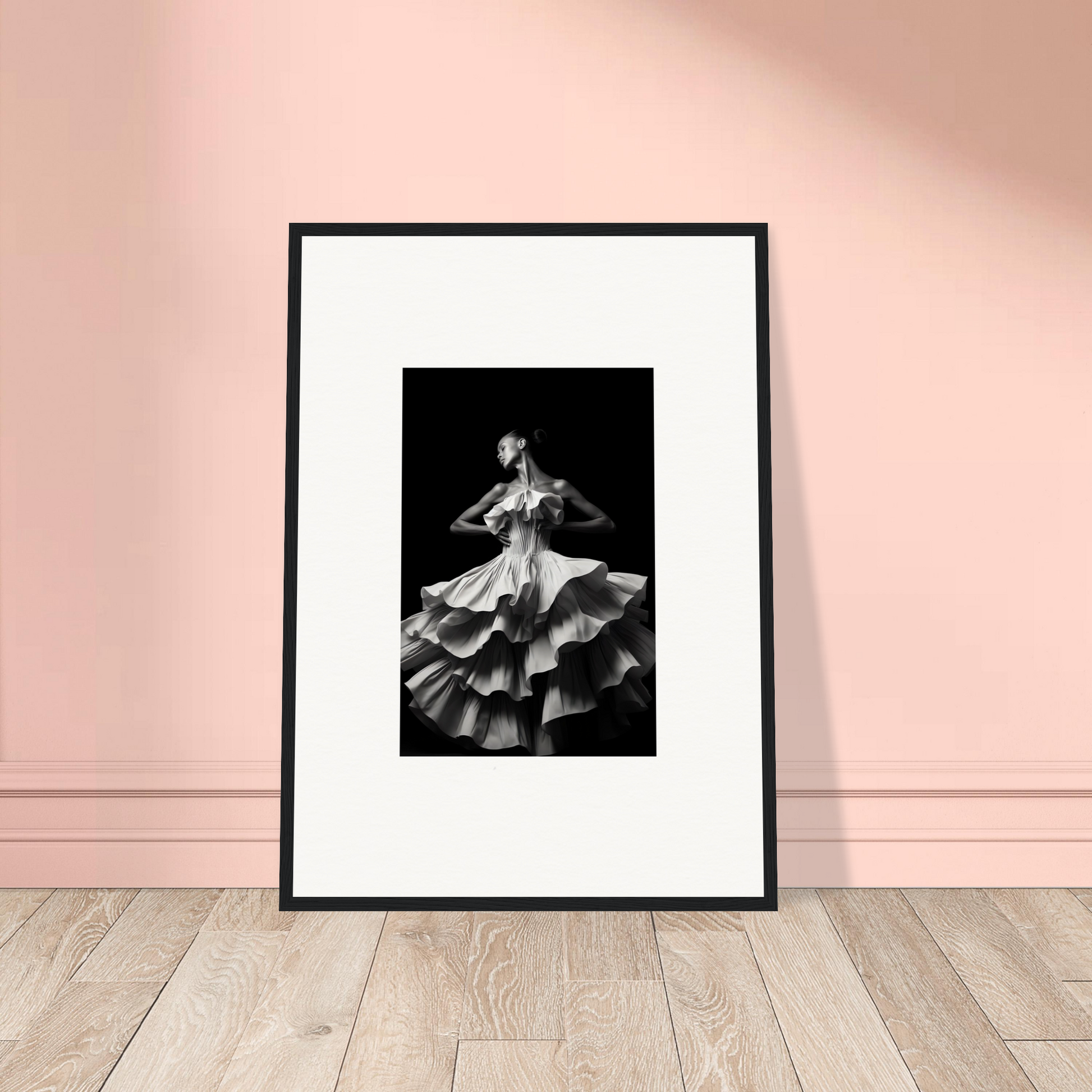 Framed black and white photograph of a flamenco dancer in a swirling dress.