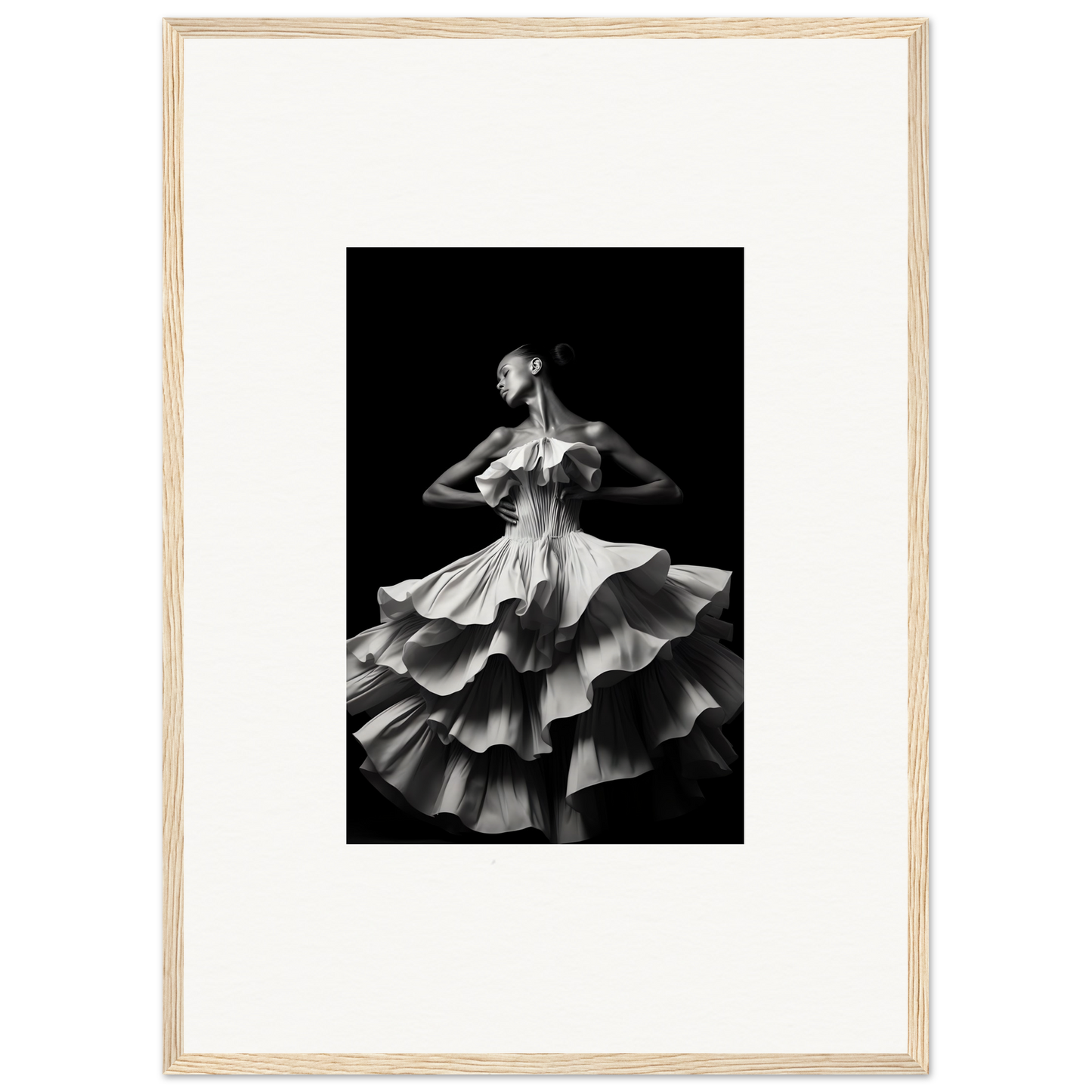 Black and white photograph of a dancer in a ruffled, layered dress with dramatic movement.