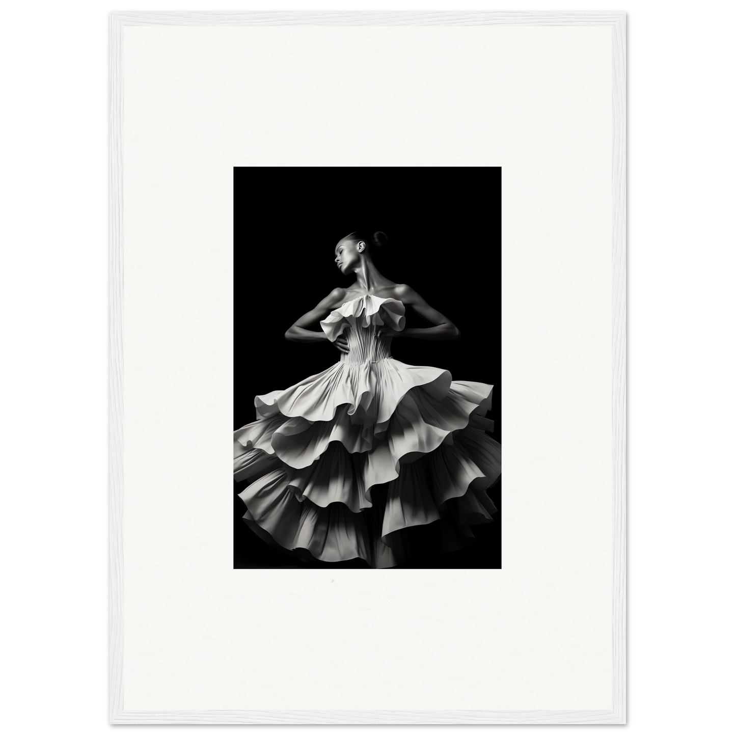 Dancer in a dramatic ruffled dress performing against a dark background.