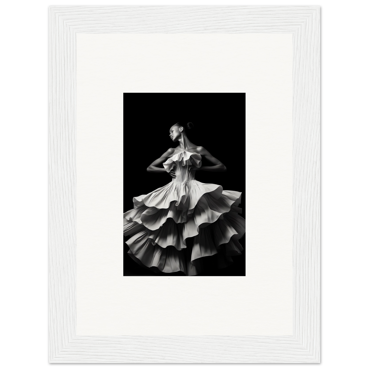 Dancer in a flowing, multi-tiered dress captured mid-twirl against a dark background.