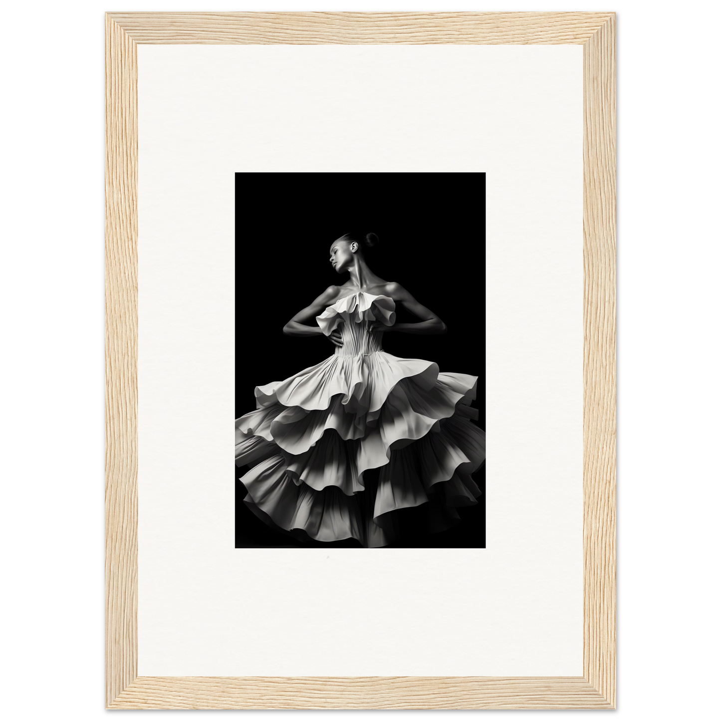 Black and white photograph of a dancer in a ruffled, layered dress.