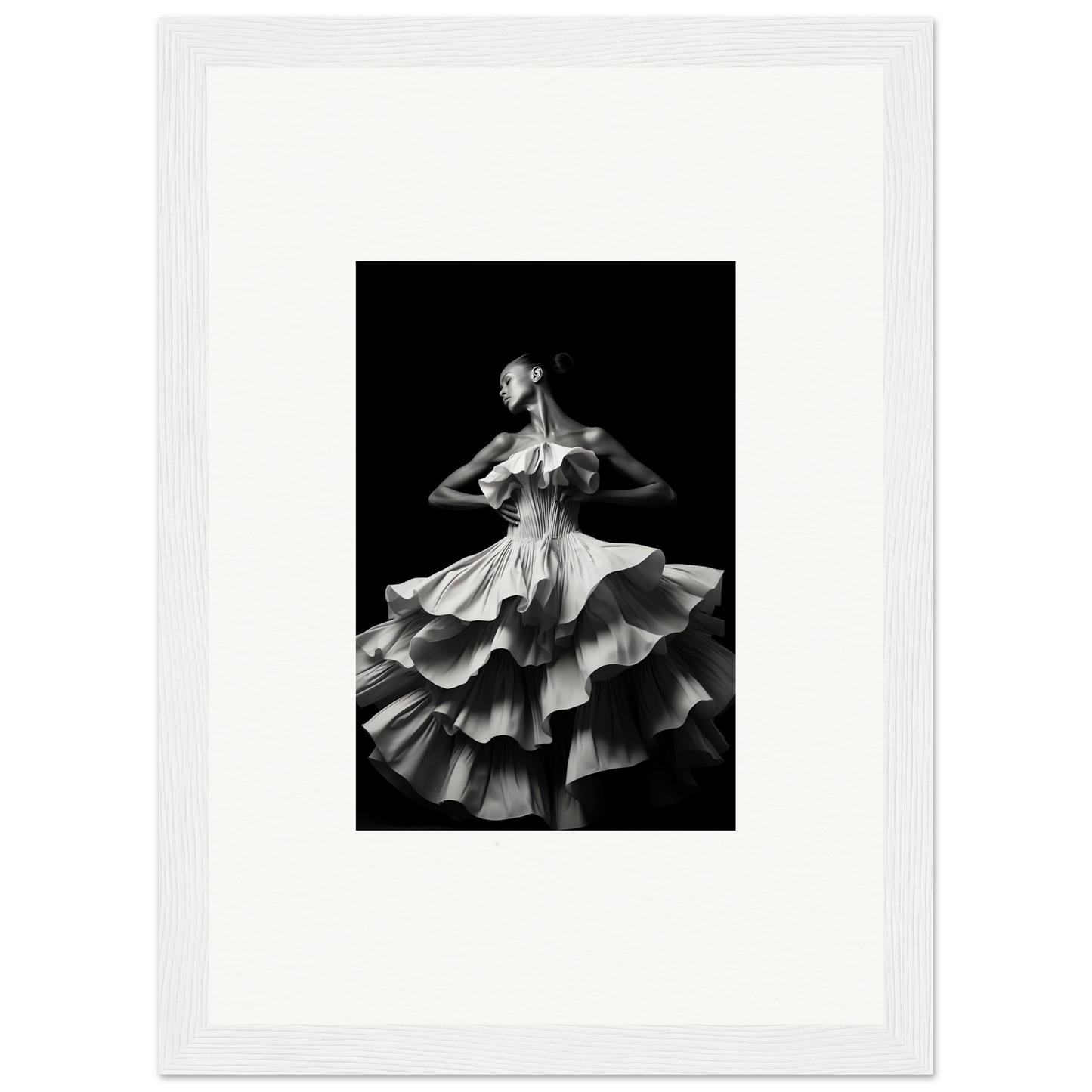 Dancer in a dramatic ruffled dress performing against a dark background.