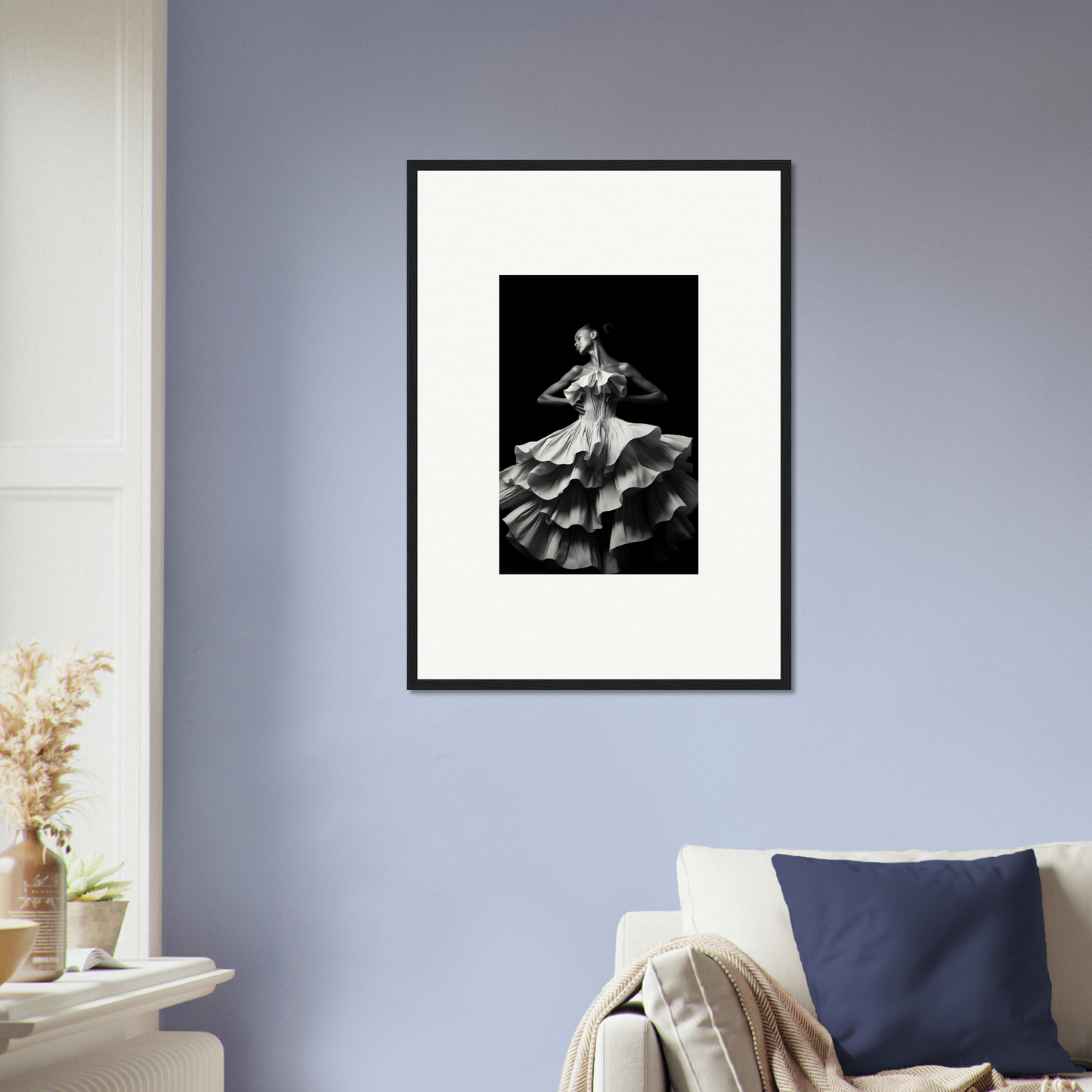 Framed black and white photograph of a flamenco dancer in motion.