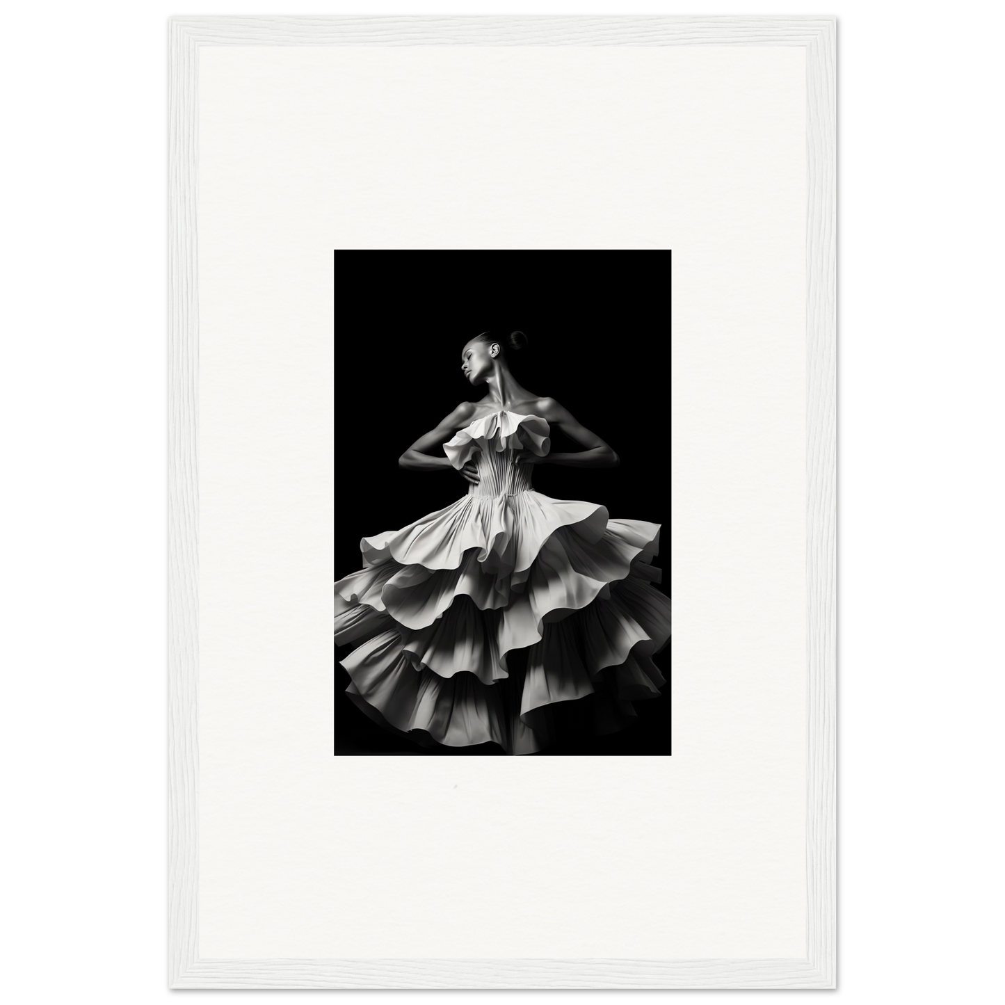 Dancer in a flowing, multi-tiered dress captured in graceful motion.